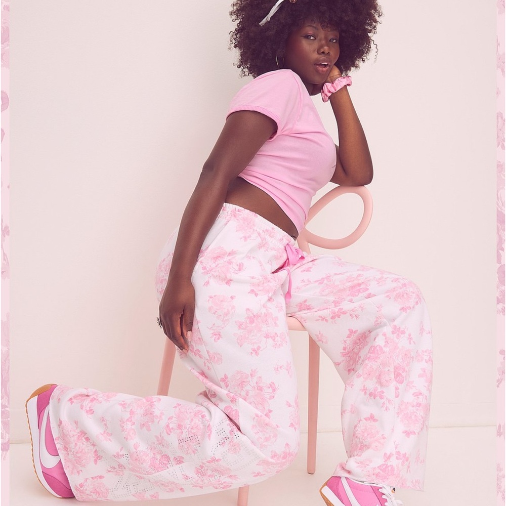 LoveShackFancy Pink Floral Track Pants XS SHORT